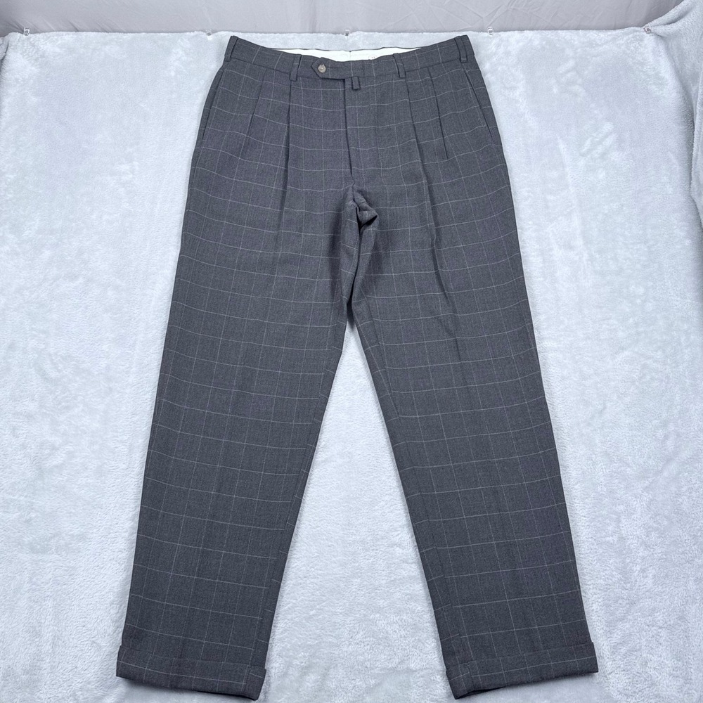 Vintage Tommy Hilfiger Dress Pants Men 34x32 Grey Wool Windowpane Cuffed Pleated